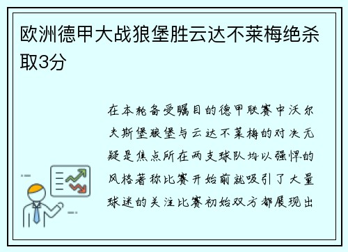 欧洲德甲大战狼堡胜云达不莱梅绝杀取3分